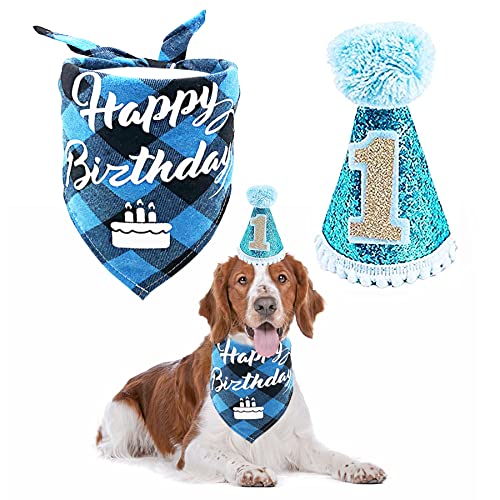 PET SHOW Blaue kleine Hunde zum ersten Geburtstag Party Hut und Bandana Set für Jungen Welpen Katzen männlich 1. Geburtstag Geschenk Kegel Hut Stirnband Plaid Bandana Fellpflege Zubehör Kostüm von PET SHOW