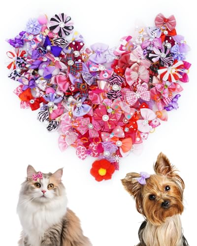 PET SHOW Haarschleifen für Mädchen, kleine Hunde, Rosa, Rot, Lila, für weibliche Welpen, Yorkies, mittelgroße Hunde, Katzen mit langem Haar, 100 Stück von PET SHOW