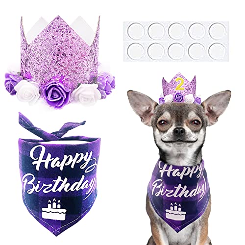 PET SHOW Lila Krone Hund Geburtstag Party Hut mit Bandana Set für Mädchen Wiederverwendbar Party Supplies Katze Kätzchen Stirnband mit 0-9 Zahlen Charms Kostüm Zubehör mit Kleber von PET SHOW