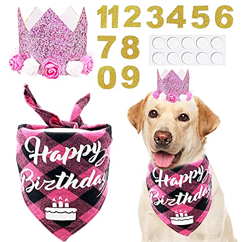 PET SHOW Rosa Krone Hut Hund Geburtstag Party Zubehör für Mädchen Hündinnen Kleine Mittel Große Hunde Katzen Geburtstag Hut und Plaid Bandana mit 0-9 Zahlen und Klebepunkten von PET SHOW