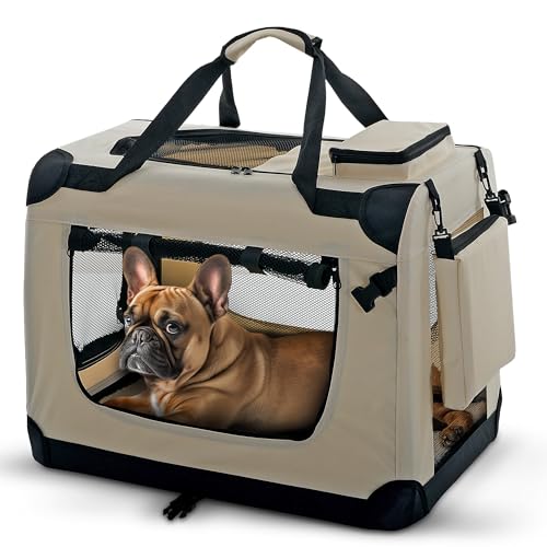 PET VIOLET Hundetransportbox Hundebox Faltbar Auto Transporttasche Hunde Katzen Tragetasche 62x42x44 cm, Beige von PET VIOLET