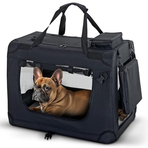 PET VIOLET Hundetransportbox Hundebox Faltbar Auto Transporttasche Hunde Katzen Tragetasche 62x42x44 cm, Schwarz von PET VIOLET