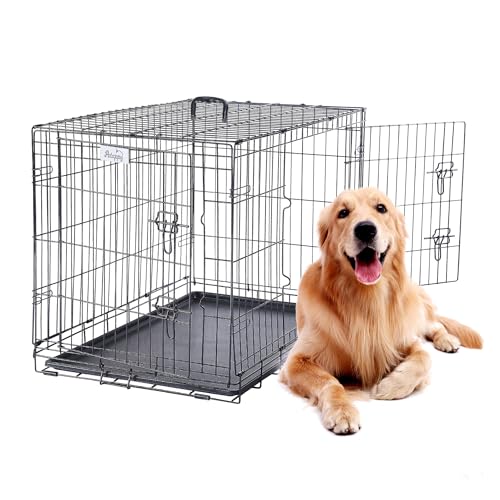 PETAPPY Hundekäfig, Hundebox Metall, 91,5 x 58,5 x 65cm, Hundekäfig XXL, Hundebox Gitter, Hundegitterbox mit Herausnehmbarer Schale, Bodenschonenden Füßen von PETAPPY