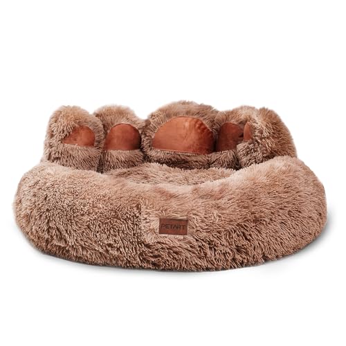 PETART Hundebett Bärenpfoten – Gemütliches Rundes Katzenbett für kleine bis mittelgroße Hunde und Katzen, Weiches Flauschiges Kunstfell-Hundebett (Khaki, L-70cm) von PETART