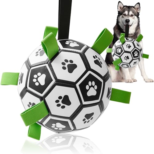 PETART Hundefußball mit Riemen, Hundekauspielzeug, interaktives Spielzeug für Hunde, Fußball-Design-Haustierspielzeug mit Riemen, zum Training, Spielen, Zähneputzen (Schwarz & Weiß, L-18.5cm) von PETART