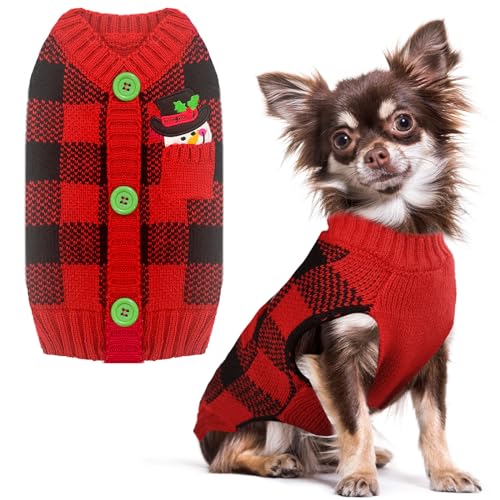 PETCARE Hunde-Weihnachtspullover, V-Ausschnitt, warm, gestrickt, Welpenpullover, Weste, niedliches rotes Karomuster, Schneemann, Weihnachtskleidung, Outfit für kleine mittelgroße Hunde, Katze, von PETCARE