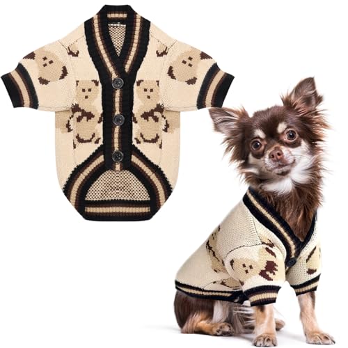 PETCARE Strickjacke Hundepullover Niedlicher Bär Welpenmantel Weich Gestrickt Warme Herbst Winter Hundekleidung für Kleine Hunde Junge Mädchen Haustier Katze Outfit Chihuahua Shih Tzu Kostüm, Beige von PETCARE