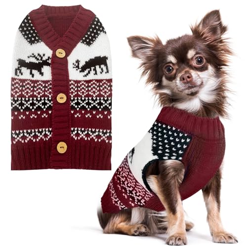 PETCARE Weihnachtlicher Hundepullover, V-Ausschnitt, warm, gestrickt, Welpenpullover, Weste, niedliches braunes gestreiftes Rentier, Weihnachtskleidung, Outfits für kleine, mittelgroße und große Hunde von PETCARE