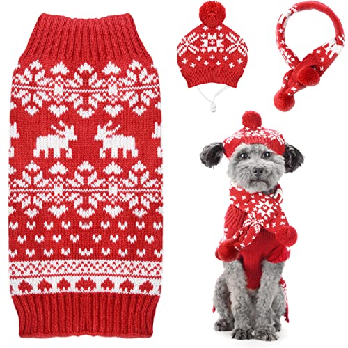 PETCARE Weihnachtliches Hundekleider Pullover mit Mütze, Schal und Schneeflocken, Größe S von PETCARE