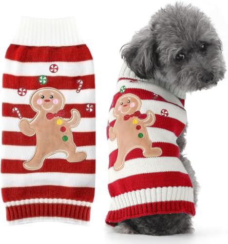 PETCARE Weihnachtspullover für kleine und mittelgroße Hunde, Lebkuchenmann, Winter, warm, für Welpen, Katzen, Hunde, Strickwaren (rot gestreifter Lebkuchenmann, XS) von PETCARE