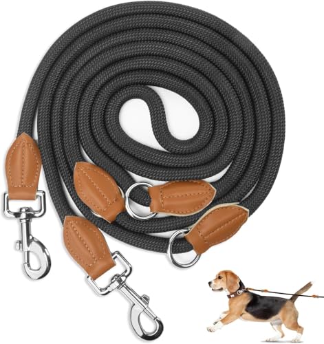 PETCOOZ Hundeleine 3M Verstellbare Schleppleine mit 2 Karabiner, Führleine Doppelleine für Mittelgroße Große Hunde, Verdickte Freihandleinen, Übungsleine aus Dauerhafte Nylon, Schwarz von PETCOOZ