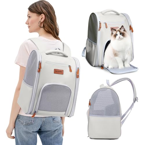 PETCUTE Erweiterbar Katzenrucksack Hunderucksack für Katzen und Kleine Hunde, Atmungsaktives Design, Faltbare Haustier Rucksack mit Innerer Sicherheitsleine von PETCUTE