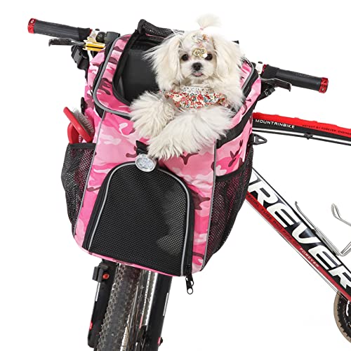 PETCUTE Haustier Fahrradtasche für Hunde Katzen,Faltbarer Hunderucksack mit Seitentaschen,Fahrradkorb Vorne für Kleine Haustiere mit Reflektierende Bänder und Licht,Einfache Installation von PETCUTE