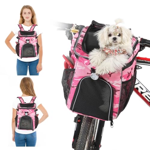 PETCUTE Haustier Fahrradtasche für Hunde Katzen,Faltbarer Hunderucksack mit Seitentaschen,Fahrradkorb Vorne für Kleine Haustiere mit Reflektierende Bänder und Licht,Einfache Installation von PETCUTE