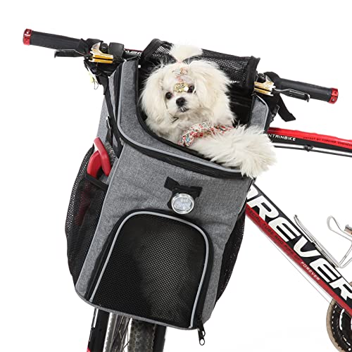 PETCUTE Haustier Fahrradtasche für Hunde Katzen,Faltbarer Hunderucksack mit Seitentaschen,Fahrradkorb Vorne für Kleine Haustiere mit Reflektierende Bänder und Licht,Einfache Installation von PETCUTE