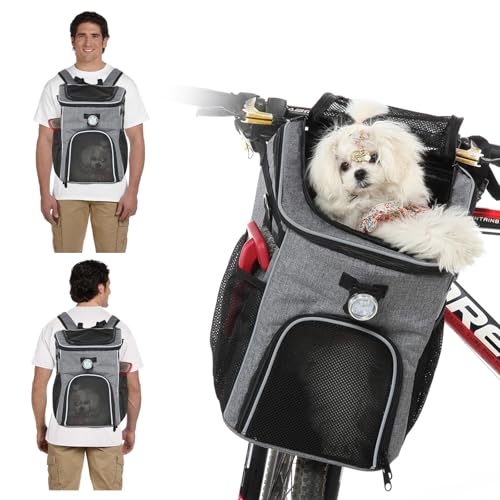 PETCUTE Haustier Fahrradtasche für Hunde Katzen,Faltbarer Hunderucksack mit Seitentaschen,Fahrradkorb Vorne für Kleine Haustiere mit Reflektierende Bänder und Licht,Einfache Installation von PETCUTE