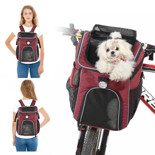 PETCUTE Haustier Fahrradtasche für Hunde Katzen,Faltbarer Hunderucksack mit Seitentaschen,Fahrradkorb Vorne für Kleine Haustiere mit Reflektierende Bänder und Licht,Einfache Installation von PETCUTE