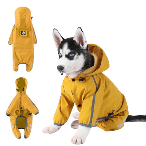 PETCUTE Hunde Regenmantel, wasserdichte Regenjacke Hund für große Hunde, Leichte Regencape Hund mit Reflektierenden Streifen,Einstellbare 4-Beine Haustier Poncho mit Kapuze,Für draußen von PETCUTE