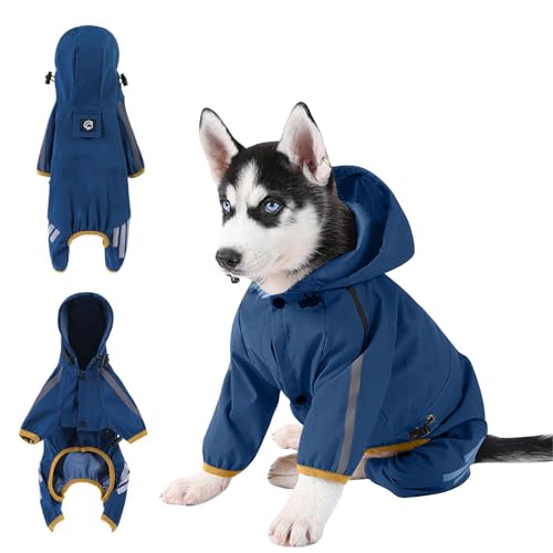 PETCUTE Hunde Regenmantel, wasserdichte Regenjacke Hund für große Hunde, Leichte Regencape Hund mit Reflektierenden Streifen,Einstellbare 4-Beine Haustier Poncho mit Kapuze,Für draußen von PETCUTE