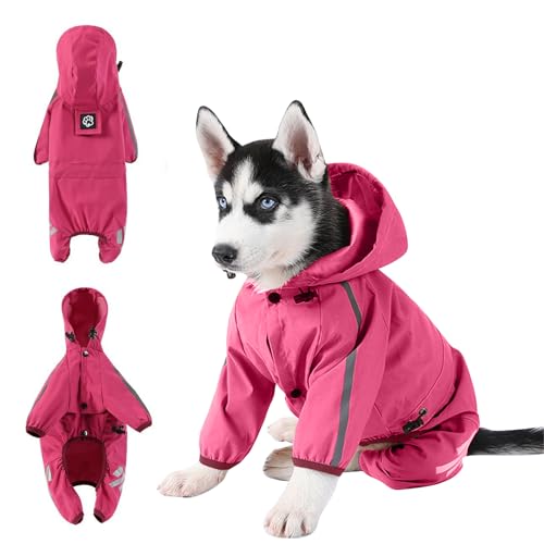 PETCUTE Hunde Regenmantel, wasserdichte Regenjacke Hund für große Hunde, Leichte Regencape Hund mit Reflektierenden Streifen,Einstellbare 4-Beine Haustier Poncho mit Kapuze,Für draußen von PETCUTE