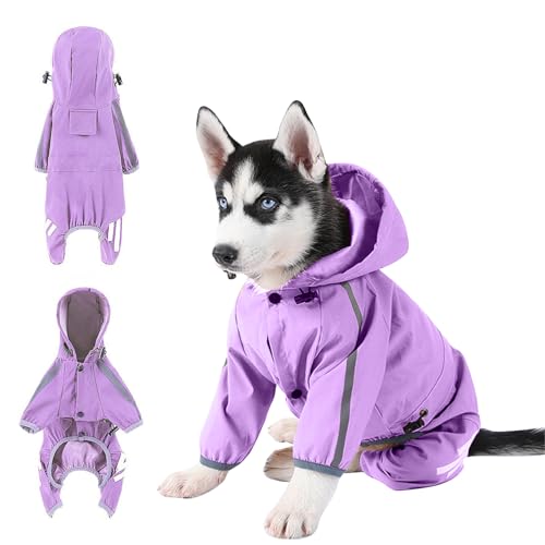 PETCUTE Hunde Regenmantel, wasserdichte Regenjacke Hund für große Hunde, Leichte Regencape Hund mit Reflektierenden Streifen,Einstellbare 4-Beine Haustier Poncho mit Kapuze,Für draußen von PETCUTE