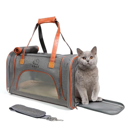 PETCUTE Transporttasche Katze Faltbare,Atmungsaktiv, Katzentransportbox mit Abnehmbares Kissen,Hunde Katze Transporttasche mit Reflektierender Streifen,für Kleine und Mittelgroße Hunde,Dunkelgrau von PETCUTE