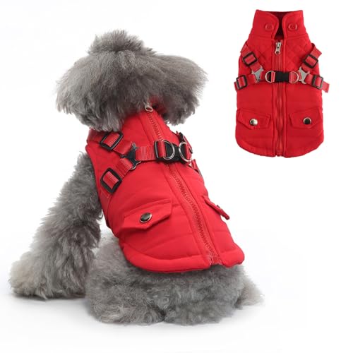 PETCUTE Hundejacke mit Geschirr, Wasserdichter Warmer Hund Wintermantel für Kleine Mittel große Hunde, Reflektierende Hundemantel Hundepullover mit Reißverschluss-Design,Zwei Taschen von PETCUTE