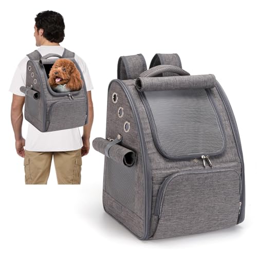 PETCUTE Hunderucksack Atmungsaktiv Katzenrucksack Hundetragetasche Faltbar Haustier Rucksäcke Wanderrucksack für Kleine Hunde und Katzen Grau von PETCUTE