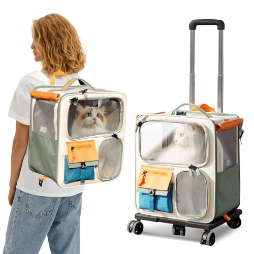 PETCUTE Hunderucksack mit Trolley, 2 in 1 Katzenrucksack Große Katzen mit Rollen,Atmungsaktive Hundetrolley Transporttasche mit Herausnehmbarer Matte,Faltbarer Haustiere Tragetasche für Welpen von PETCUTE