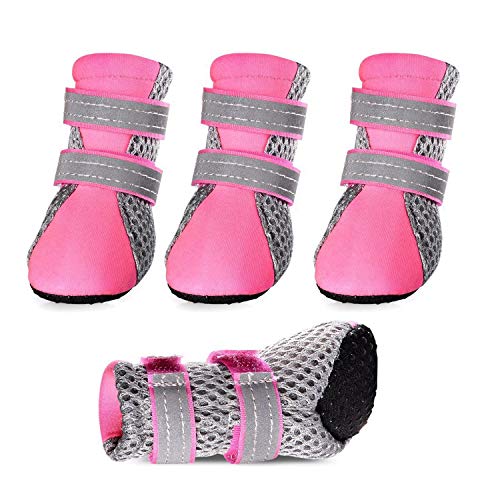 PETCUTE Hundeschuhe Pfotenschutz Wasserdicht Hunde Schuhe Anti-rutsch Schneeschuhe für Hunde mit Reflektierendem Rieme(Rosa L-5.3 * 4.0 cm) von PETCUTE