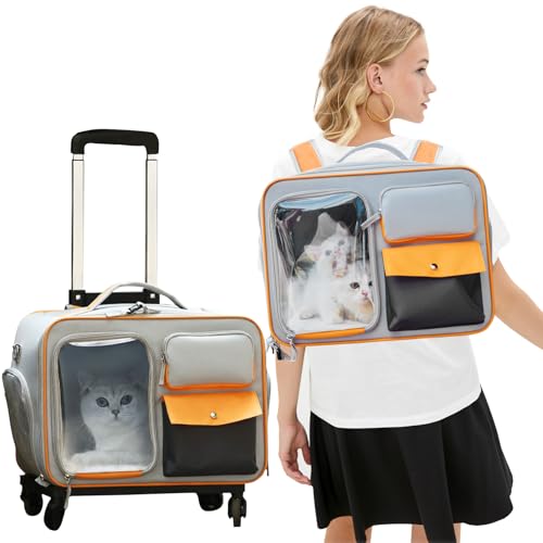 PETCUTE Hundetragetasche mit Rollen,Katzenrucksack Katzen Transportboxen für Kleine Katzen und Hunde 9 kg,Super Belüftetes Design,Haustier-Tragetasche mit Teleskopgriff und Herausnehmbarer Matte von PETCUTE