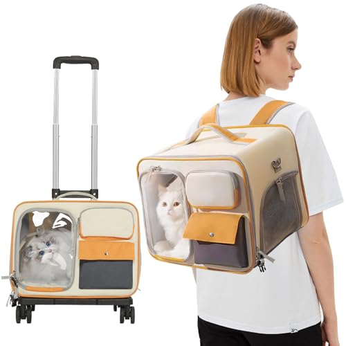 PETCUTE Hundetragetasche mit Rollen,Katzenrucksack Katzen Transportboxen für Kleine Katzen und Hunde 9 kg,Super Belüftetes Design,Haustier-Tragetasche mit Teleskopgriff und Herausnehmbarer Matte von PETCUTE