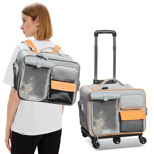 PETCUTE Hundetragetasche mit Rollen,Katzenrucksack Katzen Transportboxen für Kleine Katzen und Hunde 9 kg,Super Belüftetes Design,Haustier-Tragetasche mit Teleskopgriff und Herausnehmbarer Matte von PETCUTE