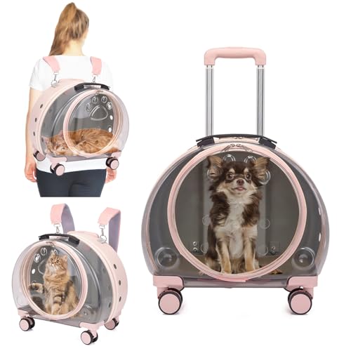 PETCUTE Katzen Transportboxen,Transparenter Haustier-Tragerucksack Bis 7.5 Kg mit Herausnehmbarer Matte,Hunderucksack Kleine Hunde mit Vergrößerungs Rädern und Vent, Ideal für Reisen, Spaziergänge von PETCUTE