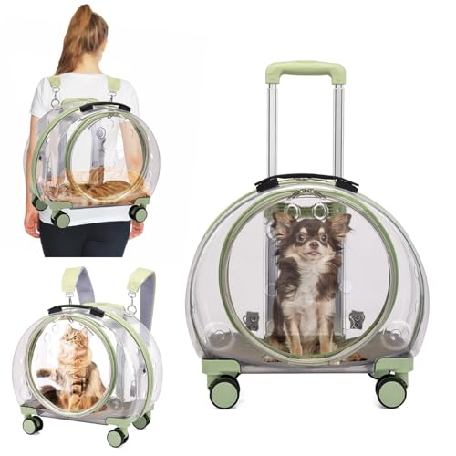 PETCUTE Katzen Transportboxen,Transparenter Haustier-Tragerucksack Bis 7.5 Kg mit Herausnehmbarer Matte,Hunderucksack Kleine Hunde mit Vergrößerungs Rädern und Vent, Ideal für Reisen, Spaziergänge von PETCUTE