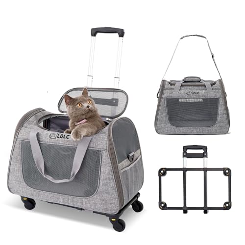 PETCUTE Katzen Transportboxen Bis zu 9 kg,Atmungsaktiv Haustier Transportbox mit Teleskopgriff und Räder,Tragetasche für Katzen und kleine Hunde mit Schultergurt,Abnehmbarem Kissen von PETCUTE