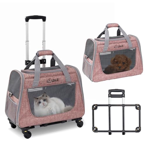 PETCUTE Katzen Transportboxen Bis zu 9 kg,Atmungsaktiv Haustier Transportbox mit Teleskopgriff und Räder,Tragetasche für Katzen und kleine Hunde mit Schultergurt,Abnehmbarem Kissen von PETCUTE