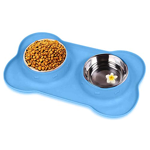 PETCUTE Katzenapf Hundenapf Edelstahl katzenschissel Set rutschfest Doppel Schüssel mit Silikonmatte hundenapf unterlage Wassernapf für kleine mittelgroße Hunde von PETCUTE