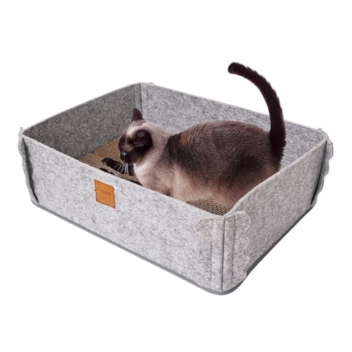 PETCUTE Katzenkratz-Lounge,Katze Kratzbrett mit Abnehmbarem Doppelseitig Karton,Reversible Katze Kratzpad mit Anti-Rutsch-Boden,Katzenkratzbox für Möbelschutz,für Katzen zum Ausruhen und Spielen,Braun von PETCUTE