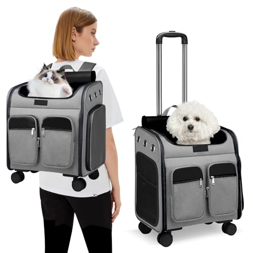 PETCUTE Katzenrucksack Hunderucksack mit Trolley 2 in 1 bis 11 kg,Faltbarer Hundetrolley mit 4 Rädern,Herausnehmbarer Matte,Multifunktionaler,Atmungsaktive Haustier-Reisetrage für Katzen und Welpen von PETCUTE