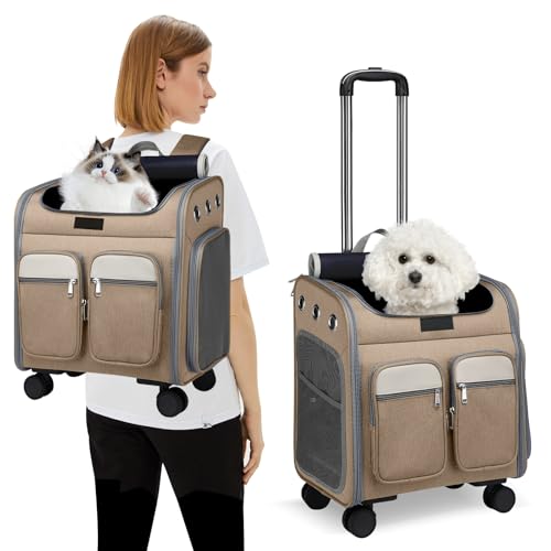 PETCUTE Katzenrucksack Hunderucksack mit Trolley 2 in 1 bis 11 kg,Faltbarer Hundetrolley mit 4 Rädern,Herausnehmbarer Matte,Multifunktionaler,Atmungsaktive Haustier-Reisetrage für Katzen und Welpen von PETCUTE