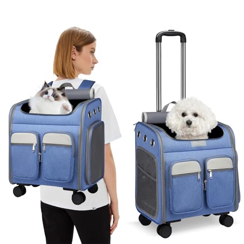 PETCUTE Katzenrucksack Hunderucksack mit Trolley 2 in 1 bis 11 kg,Faltbarer Hundetrolley mit 4 Rädern,Herausnehmbarer Matte,Multifunktionaler,Atmungsaktive Haustier-Reisetrage für Katzen und Welpen von PETCUTE