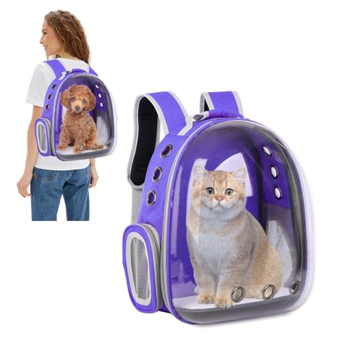 PETCUTE Haustier Katzen Rucksack,Hunde Rucksack für Kleine Katzen und Hunde,Atmungsaktive 360 ° Sichtfeld Haustier Rucksack mit Raumkapsel Blase Design,zum Wandern, Reisen Lila von PETCUTE