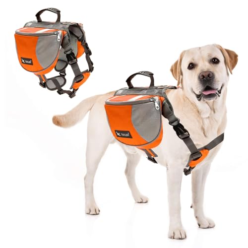 PETCUTE Satteltasche Hunderucksack für Mittlere Große Hunde, Haustier Einstellbare Satteltasche für Reisen Wandern Training, Reflektierende Wasserdicht Hund Reisen Wanderrucksack mit Griff von PETCUTE