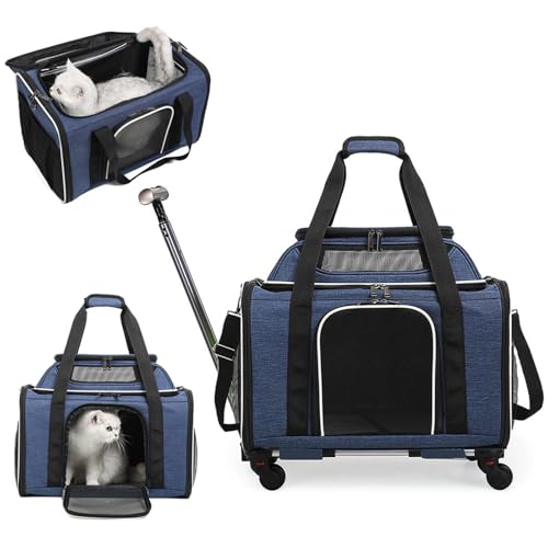 PETCUTE Tragetasche für Katzen und Hunde,Atmungsaktive Katzentransportbox mit Rollen,Faltbar,Rollende Haustier-Tragetasche mit Teleskopgriff und Schultergurt,Hundetragetasche mit Herausnehmbarer Matte von PETCUTE