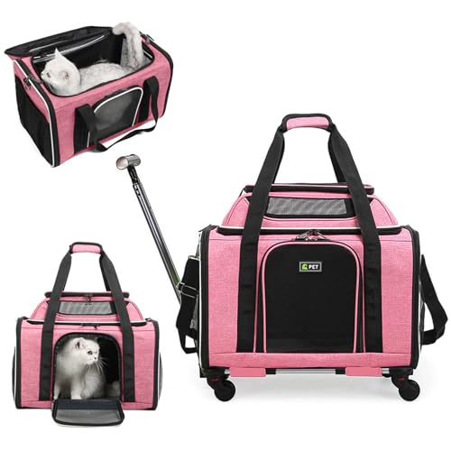 PETCUTE Tragetasche für Katzen und Hunde,Atmungsaktive Katzentransportbox mit Rollen,Faltbar,Rollende Haustier-Tragetasche mit Teleskopgriff und Schultergurt,Hundetragetasche mit Herausnehmbarer Matte von PETCUTE