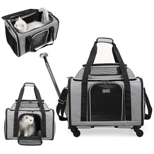 PETCUTE Tragetasche für Katzen und Hunde,Atmungsaktive Katzentransportbox mit Rollen,Faltbar,Rollende Haustier-Tragetasche mit Teleskopgriff und Schultergurt,Hundetragetasche mit Herausnehmbarer Matte von PETCUTE