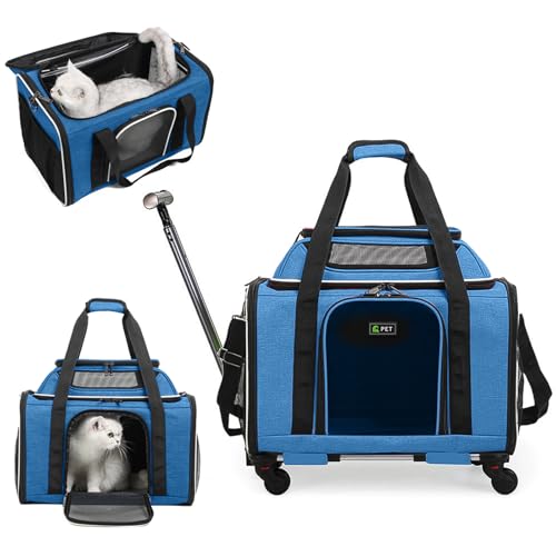 PETCUTE Tragetasche für Katzen und Hunde,Atmungsaktive Katzentransportbox mit Rollen,Faltbar,Rollende Haustier-Tragetasche mit Teleskopgriff und Schultergurt,Hundetragetasche mit Herausnehmbarer Matte von PETCUTE