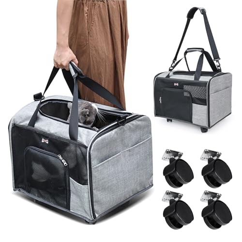 PETCUTE Transportbox Katze,Faltbar Katzentransportbox mit Abnehmbarer Matte, Seitentaschen,Atmungsaktiv Hundetransportbox mit Rädern,Transporttasche für Katzen Hunde,für Camping Reisen von PETCUTE