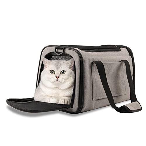 PETCUTE Transportbox Katze & Hund,Atmungsaktiv Tragetasche für Katze Kleine Hund mit Sicherheitsleine,Faltbar Katze Transporttasche Hunde Flugtasche mit Schultergurt und Weiches Kissen,Hellgrau,M von PETCUTE